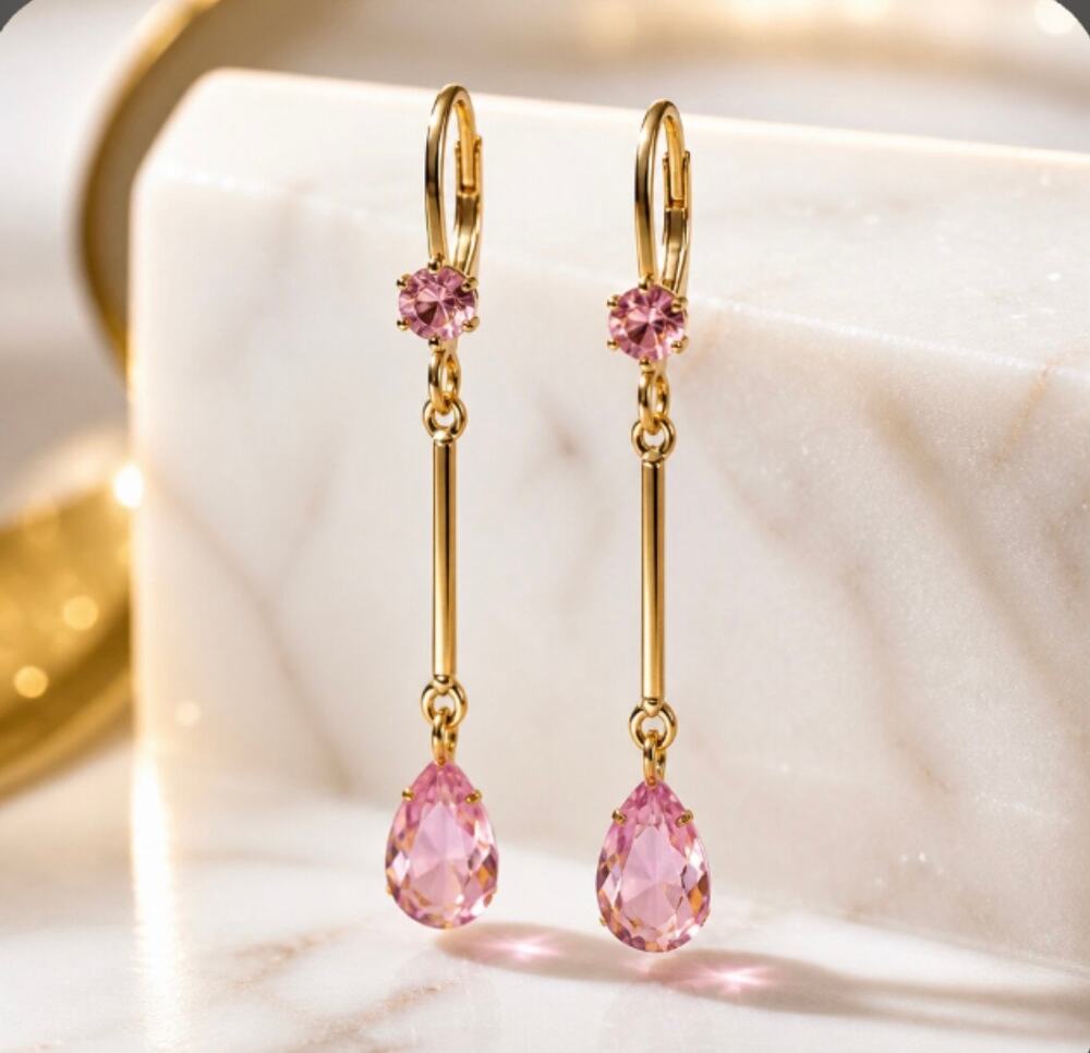 Vintage Pink Crystal Teardrop Lever back Earrings —